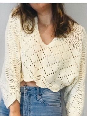Cream Crochet Open Neck Cropped Crochet Sweater small